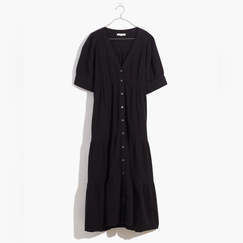 Madewell Black Lightspun Tiered Button Front Midi Dress Size 14, Fits L